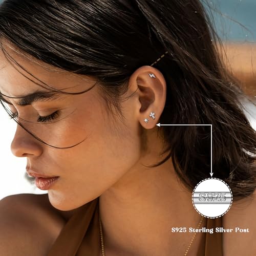 14K Gold Plated 925 Sterling Silver Flat Back Earrings Set | Hypoallergenic Cartilage Helix Conch Tragus Piercing Jewelry 3 Pairs Small Screw Dainty CZ Opal Earring Set Men Women - color: Silver, Style H