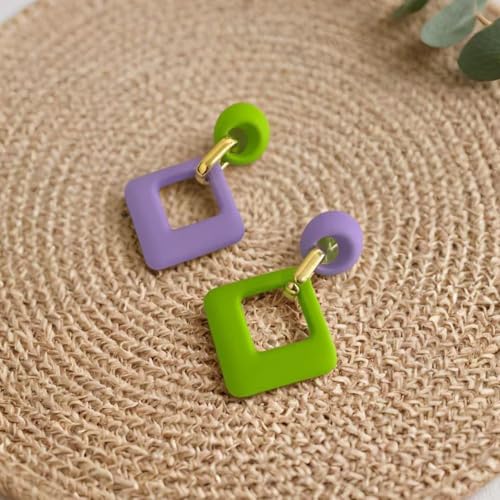 70s 80s Vintage Resin Neon Square Dangle Drop Earrings Simplicity Acrylic Hollow Round Circle Geometry Stud Earrings for Women - style: Green Purple