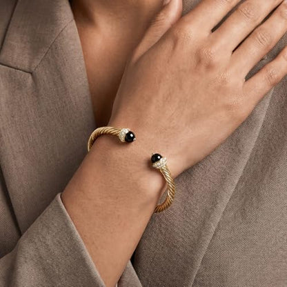 Fettero Gold Cuff Bangle Bracelets for Women - Adjustable Open Cuff Bangles 14K Gold Plated Charm Twisted Cable Bangle Bracelet for Mom Dainty Jewelry Gift - color: Black