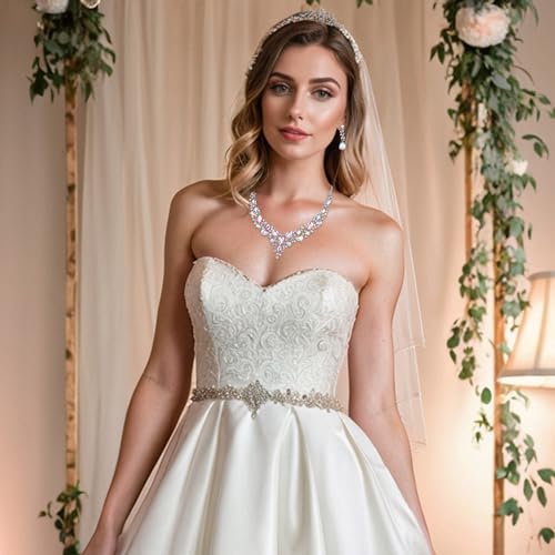 Women's Wedding Statement Necklace Dangle Earring Jewelry | Austrian Crystal Teardrop Cluster,Necklaces Earrings Set for Bride Bridesmaid,Prom Accessories - color: 16-Iridescent AB Silver-Tone