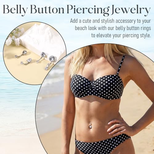 4pcs Belly Piercing Jewelry, 14G Stainless Steel Silver Belly Button Rings, Navel Piercing Jewelry Cz Belly Piercings Cute Heart Belly Button Ring for Beach Festival Daily