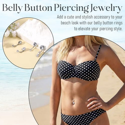 4pcs Belly Piercing Jewelry, 14G Stainless Steel Silver Belly Button Rings, Navel Piercing Jewelry Cz Belly Piercings Cute Heart Belly Button Ring for Beach Festival Daily