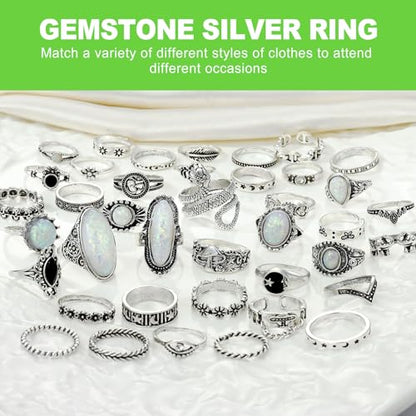 42 Pcs Vintage Gothic Ring Set for Men and Women Adjustable Punk Stackable Knuckle Rings with Skull Snake Heart Star Flower Design for Midi Fingers