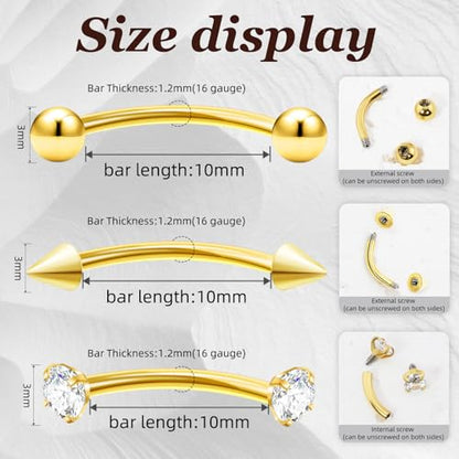 9PCS Gold Eyebrow Piercing Jewelry Titanium, Rook Jewelry Gold Surgical Steel Silver Eyebrow Rings for Women Men CZ Tiny Labret Lip Daith Navel Belly Button Helix Tragus Piercing Jewelry 16G 6mm/8mm/10mm - style: Eyebrow-10mm-9pcs