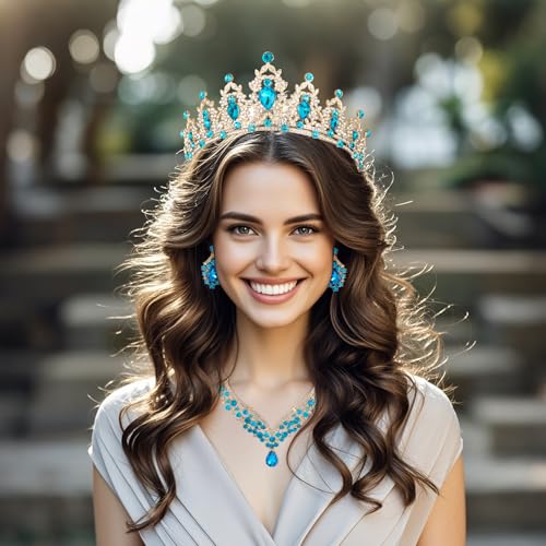 Crowns and Tiaras jewelry sets for Wedding princess birthday party Halloween Prom Pageant Jewelry for Women Crystal Bridal Jewelry Set for women - color: Golden lake blue