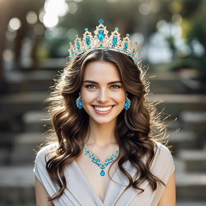 Crowns and Tiaras jewelry sets for Wedding princess birthday party Halloween Prom Pageant Jewelry for Women Crystal Bridal Jewelry Set for women - color: Golden lake blue