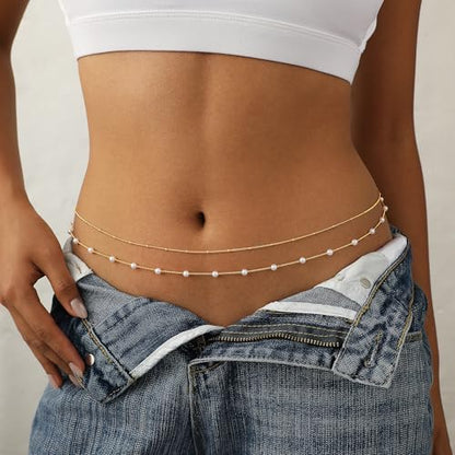 14K Gold Plated Waist Chain for Women Dainty 2Pcs Layered Belly Chain Beaded Pearl Body Chain Belt Set Waterproof Summer Beach Bikini Jewelry Accessories Adjustable Waist Beads Gift - style: 2Pcs Bead&Pearl-GD