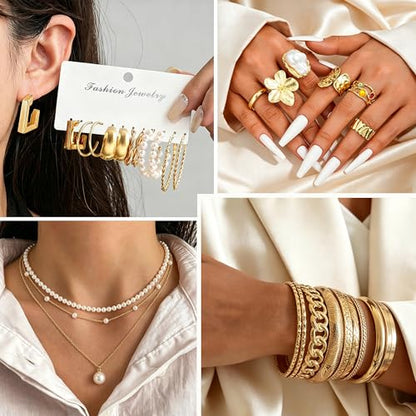 83 Pcs Gold Jewelry Set for Women Fashion Multi Layered Necklaces Stackable Bangle Bracelets Knuckle Rings Hoop Earrings Gold Plated Jewelry Accessories