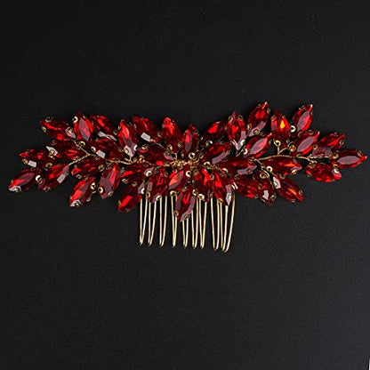 Teyglen Dainty Simple Full Red Rhinestones Bride Wedding Hair Comb Luxurious Hair Accessories Shiny Rhinestones Bridal Side Hair Combs for Women Bride Girls (Red) - color: Red