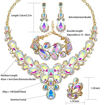 Women's Wedding Bridal Austrian Crystal Glass Teardrop Statement Necklace Dangle Earrings Bracelet Ring Wedding Party Jewelry Set for Bridal Bridesmaid - color: AB Crystal-Gold Plated
