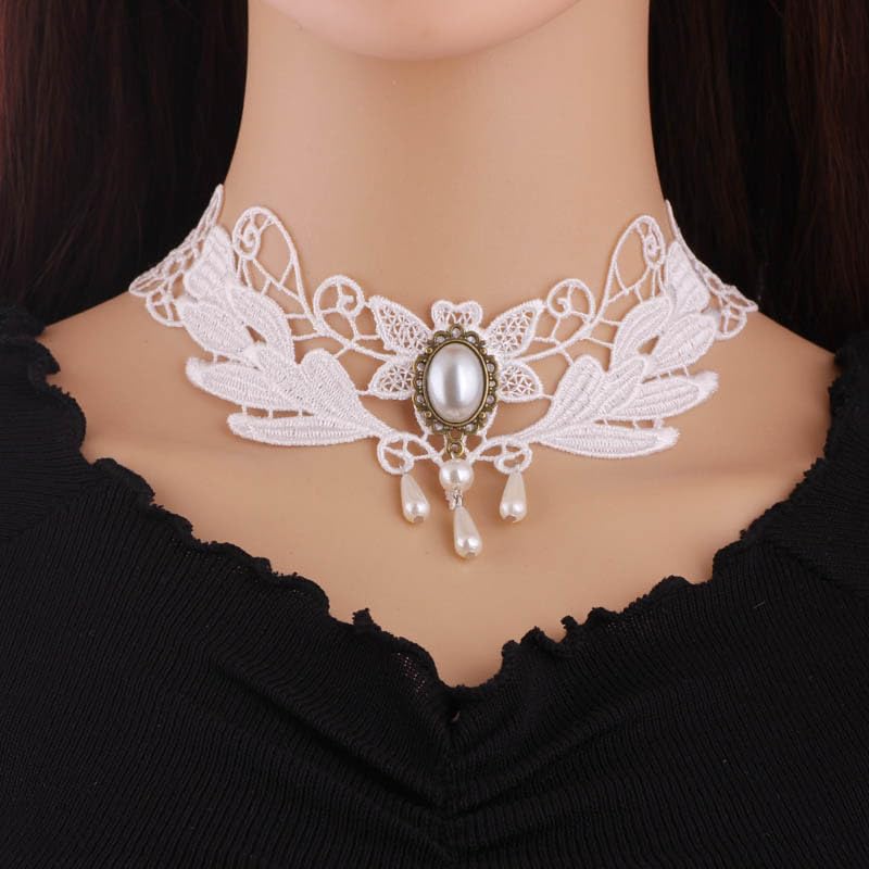 Goth Black Choker Necklace Crystal Bead Pendant Necklace for Women Gothic Velvet Lace Choker Halloween Vampire Witch Cosplay - color: E-White