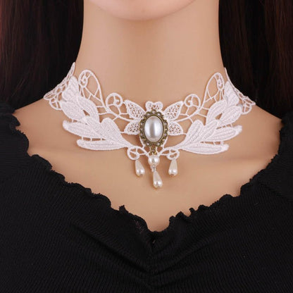 Goth Black Choker Necklace Crystal Bead Pendant Necklace for Women Gothic Velvet Lace Choker Halloween Vampire Witch Cosplay - color: E-White