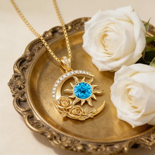 Midari 18K Yellow Gold Sun Moon Star Pendant Rose Flower Necklaces I Love You Forever Sun Moon Jewelry Gift for Mother Women - color: 12-Dec-Topaz, style: Sun&Moon