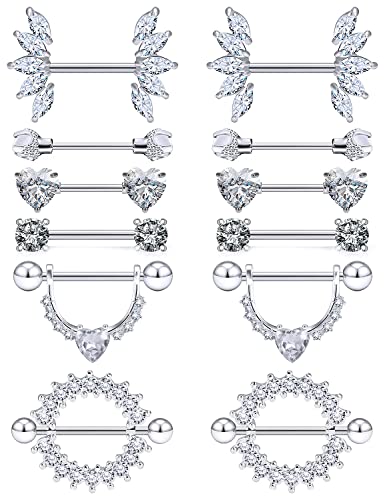Lcolyoli 14G Surgical Steel Nipple Rings for Women Nipple Shield Barbell Ring Bar Nipple Piercing Jewelry Clear Diamond CZ Set - color: 14g-6 pairs-silvertone