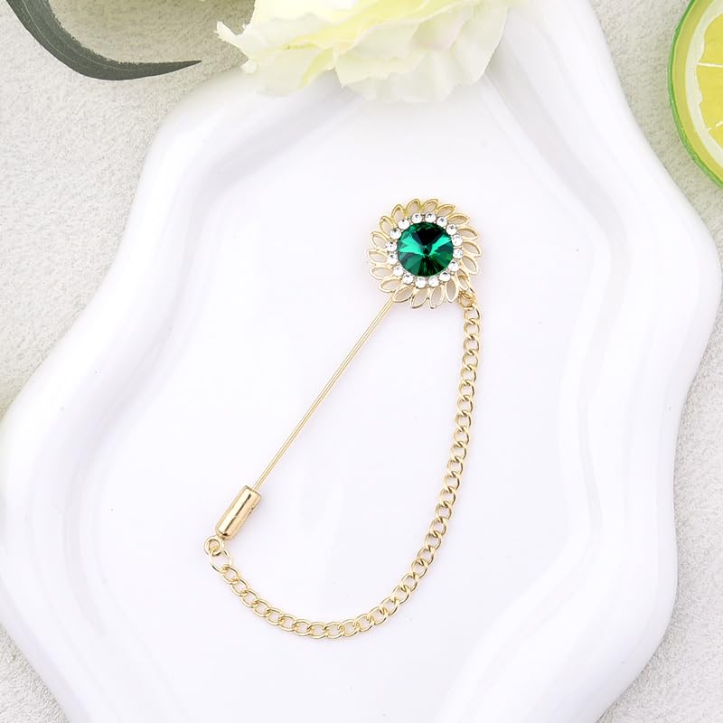 Mens Sunflower Lapel Pin Crystal Rhinestone Brooches for Men Hanging Chain Brooch Suit Pin Flower Lapel Pins for Men Wedding Business Party - color: Green
