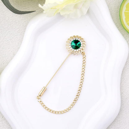Mens Sunflower Lapel Pin Crystal Rhinestone Brooches for Men Hanging Chain Brooch Suit Pin Flower Lapel Pins for Men Wedding Business Party - color: Green