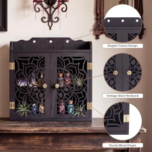 Trinket Shelf, Crystral Shelf Display, Gothic Room Decor, Rock Display Case | Witchy Shelf with Doors, Crystal Display Shelf, Storage Cabinet with Carved Door, Essential Oil Organizer & Stone Holder