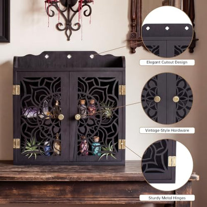 Trinket Shelf, Crystral Shelf Display, Gothic Room Decor, Rock Display Case | Witchy Shelf with Doors, Crystal Display Shelf, Storage Cabinet with Carved Door, Essential Oil Organizer & Stone Holder