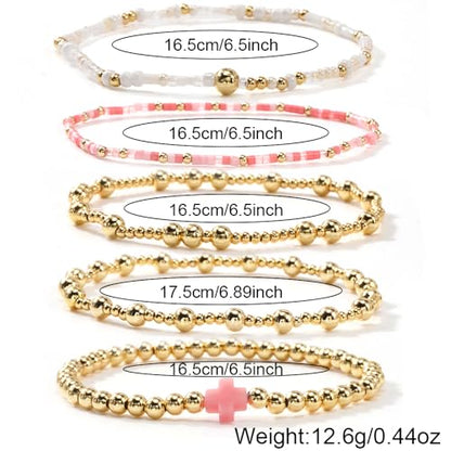 Colorful Gold Plated Stackable Ball Seed Beaded Bracelets Set For Women, Boho Handmade Romantic Stretch Accessories Jewelry, Daily Wear Holiday Party Friendship Gift - color: Pink Cross