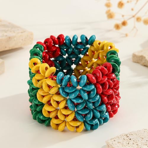 Bohemian Multicolor Natural Wooden Beads Woven Stretch Bracelets Retro Thick Coconut Shell Wood Beaded Elastic Wristband Bracelet Wide Chunky Ethnic Bangles for Women Holiday Jewelry Gifts - style: StyleI