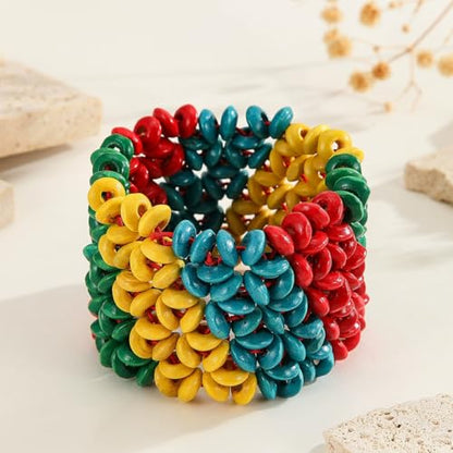 Bohemian Multicolor Natural Wooden Beads Woven Stretch Bracelets Retro Thick Coconut Shell Wood Beaded Elastic Wristband Bracelet Wide Chunky Ethnic Bangles for Women Holiday Jewelry Gifts - style: StyleI