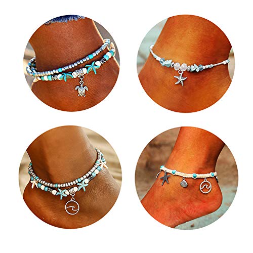 Softones Blue Starfish Turtle Anklet Multilayer Charm Beads Sea Handmade Boho Anklet Foot Jewelry for Women - style: G:4pcs Turtle Wave Starfish Shell