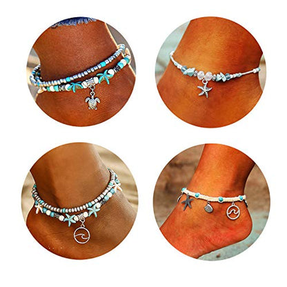 Softones Blue Starfish Turtle Anklet Multilayer Charm Beads Sea Handmade Boho Anklet Foot Jewelry for Women - style: G:4pcs Turtle Wave Starfish Shell