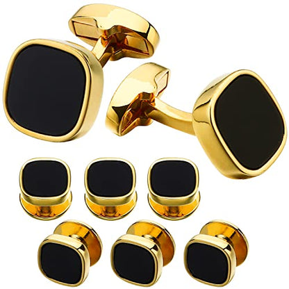 HAWSON Cufflinks and Studs for Men-Black Stone Mens Fashion Gun-Black Cufflinks and Tuxedo Shirt Studs Set for Regular Weeding Business Accessories - color: Gold+Black