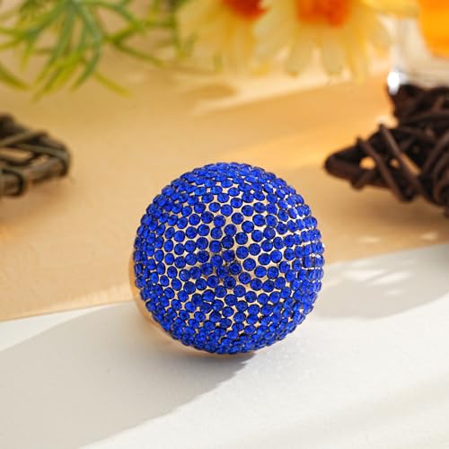 Gold Snowball Rhinestone Cocktail Ring – Adjustable Stretch Sparkling Party Jewelry for Women, Elegant Costume Ring for Evening Wear, Wedding, Prom - color: blue