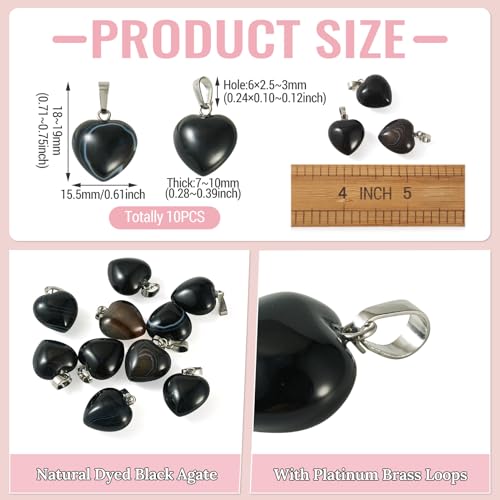 10Pcs Heart Stone Charm Pendants Natural Obsidian Gemstone Pendants with Platinum Brass Loops for DIY Necklace Keychains Earring Crafts Supplies - color: Obsidian