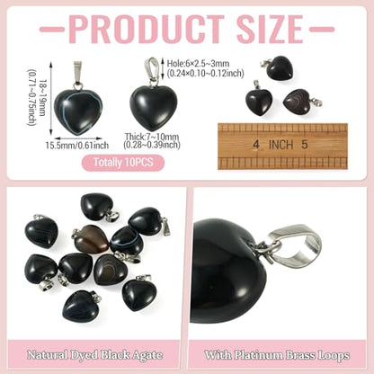10Pcs Heart Stone Charm Pendants Natural Obsidian Gemstone Pendants with Platinum Brass Loops for DIY Necklace Keychains Earring Crafts Supplies - color: Obsidian
