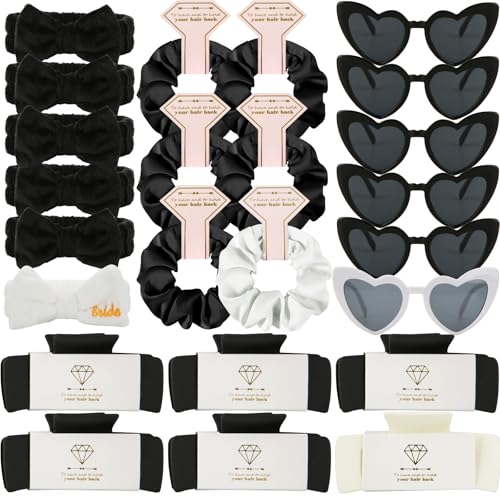 Bridesmaid Scrunchies Proposal Hair claws clips Set of 12 Bridal Shower heart sunglasses Gifts for Wedding Bachelorette Party Favors (24pcs White&Black headband) - color: 24pcs White&Black headband