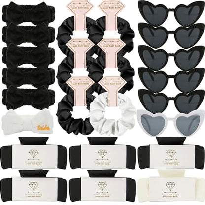 Bridesmaid Scrunchies Proposal Hair claws clips Set of 12 Bridal Shower heart sunglasses Gifts for Wedding Bachelorette Party Favors (24pcs White&Black headband) - color: 24pcs White&Black headband