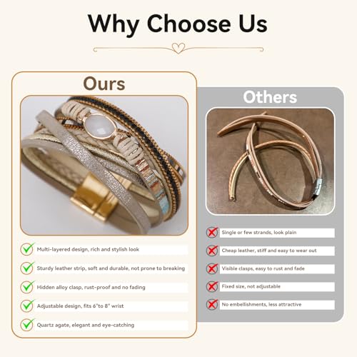 Vercret Leather Wrap Bracelet for Women, Multi-Layer Cuff Bangle | Boho Stacked Bracelets with Safe Clasp Western Bangle Jewelry Gift for Lady and Mom Sister Friend - style: Khaki