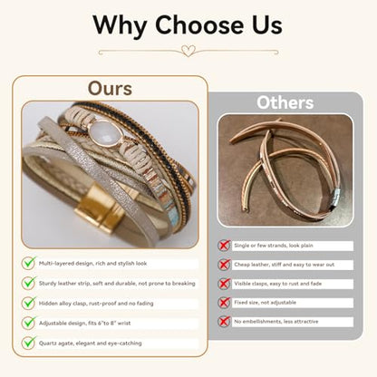Vercret Leather Wrap Bracelet for Women, Multi-Layer Cuff Bangle | Boho Stacked Bracelets with Safe Clasp Western Bangle Jewelry Gift for Lady and Mom Sister Friend - style: Khaki