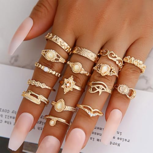 Gold Boho Ring Sets Vintage Stackable Ring Set Dainty Finger Midi Rings Pack for Women