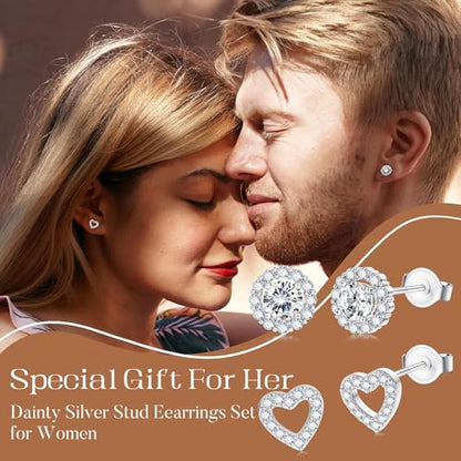 SAILIMUE Hypoallergenic Sterling Silver Stud Earrings for Women Men | Brilliant Heart Knot Round Cubic Zirconia Earring Studs for Sensitive Ears Gold Silver Tone - color: silver-D