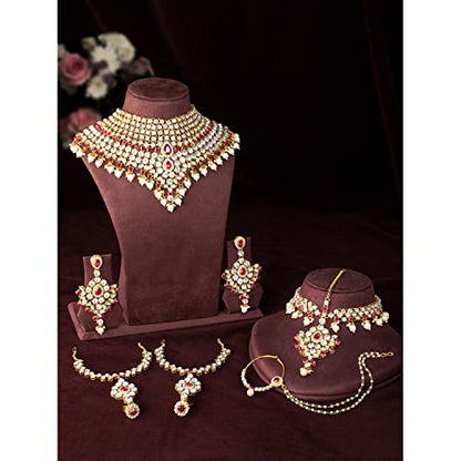 Aheli Bollywood Style Indian Bridal Choker Necklace Matha Patti Nose Ring Haath Phool Wedding Fashion Bharatanatyam jewellery set for Women - color: Pink