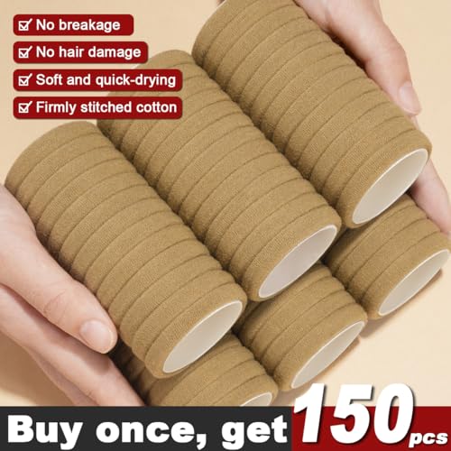IKOCO 150PCS Seamless Hair Ties for Women, No Damage, Light Brown | Cotton Ponytail Holders, Value Pack, Elastic, No Breakage, No Crease, Durable Hold, for Thick & Curly Hair - color: Light Brown