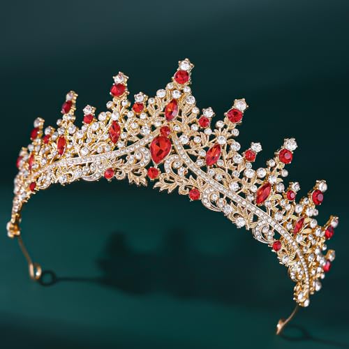 Crystal Crown Jewelry Set for Women Bride Queen Tiara Earrings and Necklace | Metal Royal Crown Costume Jewelry Set Wedding Prom Quinceanera Party Pageant Halloween Retirement Christmas Birthday Gift - color: Red
