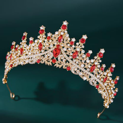 Crystal Crown Jewelry Set for Women Bride Queen Tiara Earrings and Necklace | Metal Royal Crown Costume Jewelry Set Wedding Prom Quinceanera Party Pageant Halloween Retirement Christmas Birthday Gift - color: Red