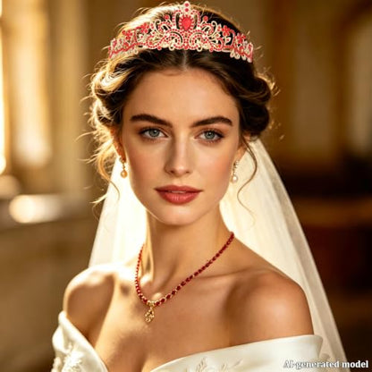 Gold Red Princess Crown Rhinestone Tiara for Bridal Pageant Crown with Hair Combs - color: Red