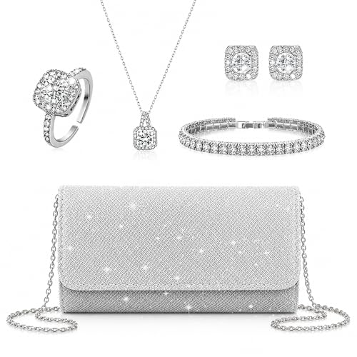 5 Pcs Rhinestone Jewelry Set for Women, Bling Crystal Clutch Purse Necklace Bracelet Earrings & Ring, Elegant Bridal Wedding Accessory Set for Bridesmaids Prom Evening Party