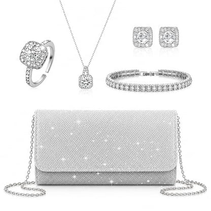 5 Pcs Rhinestone Jewelry Set for Women, Bling Crystal Clutch Purse Necklace Bracelet Earrings & Ring, Elegant Bridal Wedding Accessory Set for Bridesmaids Prom Evening Party