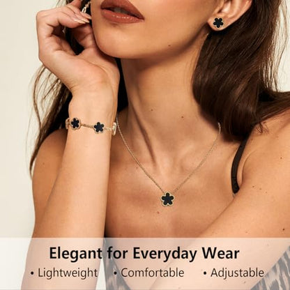 Clover Jewelry Set for Women, 18K Gold Plated Necklace Bracelet & Stud Earrings Set, Stainless Steel Non Tarnish Gold Jewelry Set, Lucky Necklace and Earring Set Gift for Her - color: Black