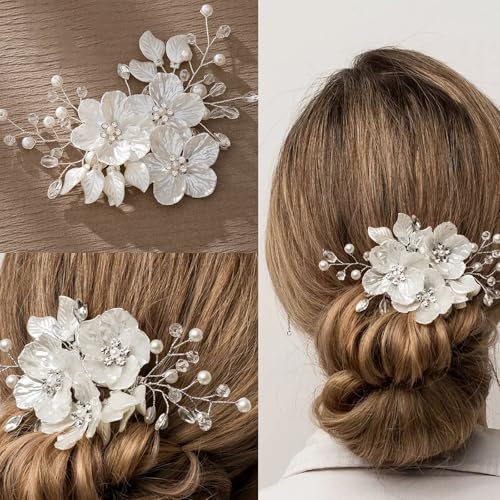 3 PCS Large Flower Bridal Wedding Hair Pins Crystal Pearl Hair Clips Headpiece Bride Hair Accessories Jewelry with Rhinestone, Glitter Emboss White Flower - color: Glitter Emboss White Flower