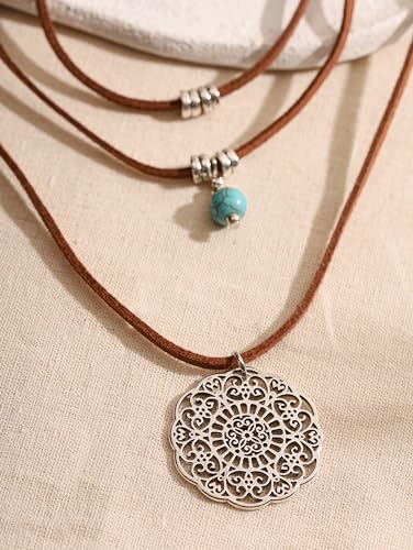 MINACHI Bohemian Retro Style Multi Layer Necklace, Green Crystal Sun and Floral Pendant, Ethnic Jewelry for Women - style: Necklace 7L-UJ7U