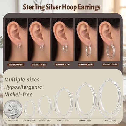 LOUMILEO 14k Gold Plated 925 Sterling Silver Post Double Hoop Earrings Hypoallergenic Lightweight Thin Large Hoop Earrings for Women 25/30/40/50/60mm - color: Silver-50mm
