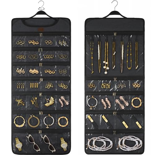 SMRITI Hanging Jewelry Organizer with Dual Zippered Pockets Canvas Double Sided Rotating Hanger Necklace Hanging Wall Organizer Earring Dustproof Holder Wall Mount Accessories Display Bag(Dark Grey) - color: #1-Dark Grey