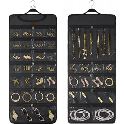 SMRITI Hanging Jewelry Organizer with Dual Zippered Pockets Canvas Double Sided Rotating Hanger Necklace Hanging Wall Organizer Earring Dustproof Holder Wall Mount Accessories Display Bag(Dark Grey) - color: #1-Dark Grey